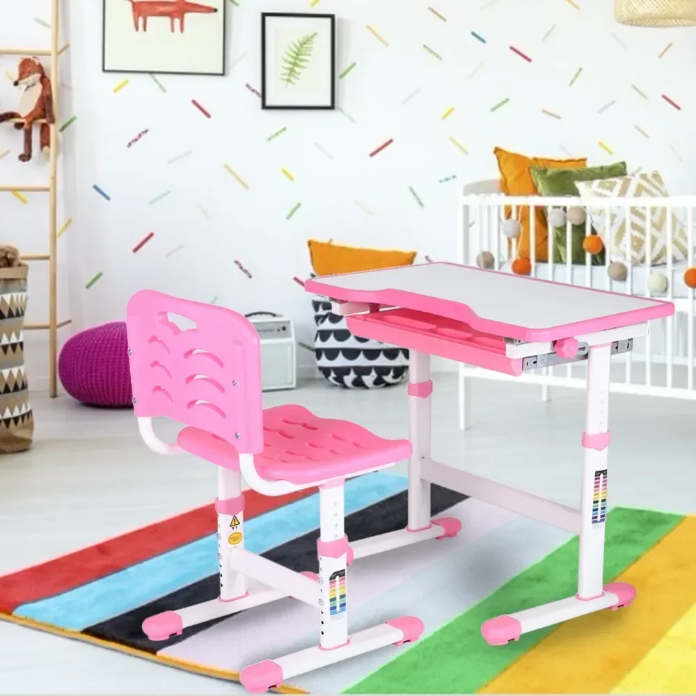 Table Set, Adjustable Pull Out Drawer Kids Study Homework Desk Chair Children Activity Art Table Set(Pink), Set Kids