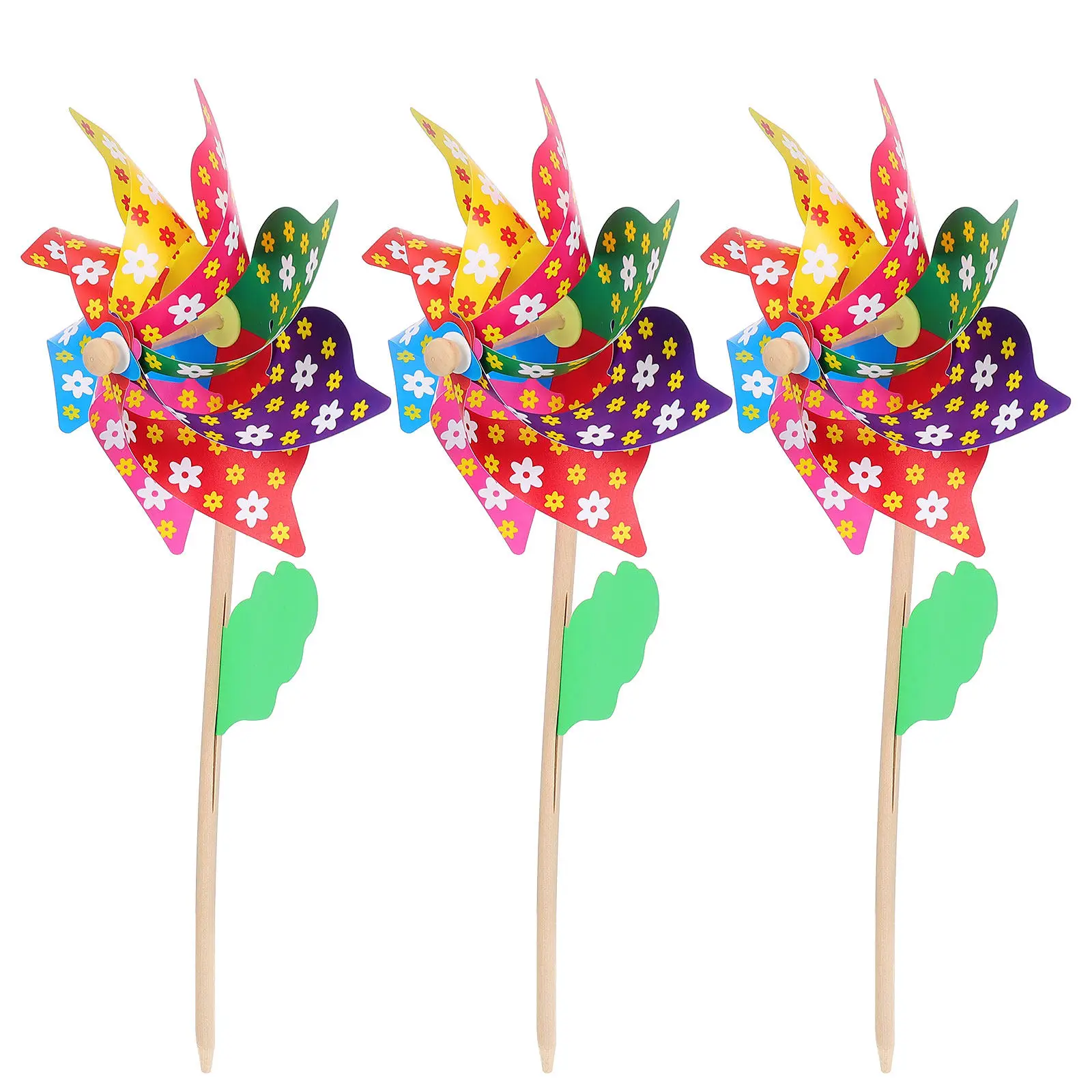 3Pcs 매화 꽃 풍차 정원 장식 야외 마당 잔디 장식을위한 나무 기둥 풍차 다채로운 바람개비 어린이 선물