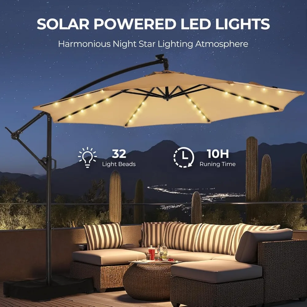 10ft Solar Lights Offset Cantilever Patio Umbrella-w/Light and Base, LED Lighted Offset Hanging Patio Outdoor Market