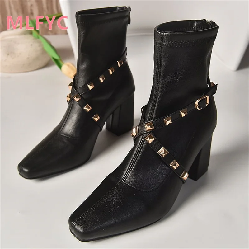 Square head thick heeled short boots for female winter new high heeled fashion boots back zipper fashion rivets for women shoes