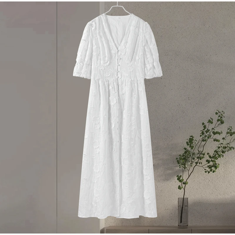 Elegante Spitze Aushöhlen Kleid Frauen V-ausschnitt Stickerei Midi Weibliche Party Kleider 2025, Frühling Einreiher Split Dame Robe – Detail 3