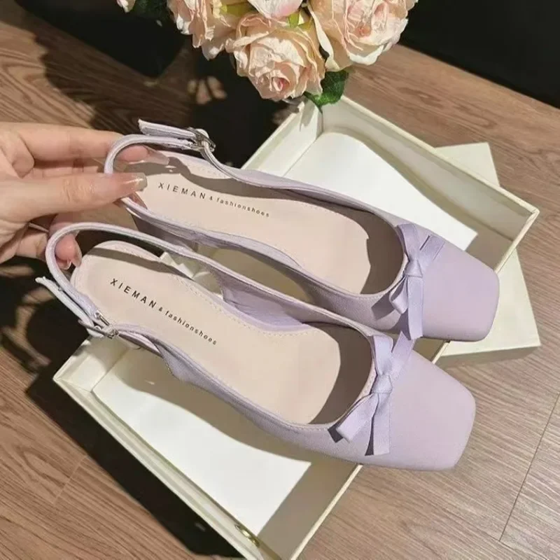 2024 Woman Light Purple Bow Thick Heels High Heels Fairy Style Dress Women's Shoes Office Casual Single Shoes Tacones Gruesos 2