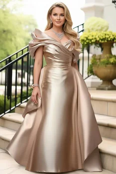 Plus Size Satin Evening Long Dress for Women's Off Shoulder Puff Sleeve Solid Color Elegant Cocktail Wedding Guest Maxi Dresses