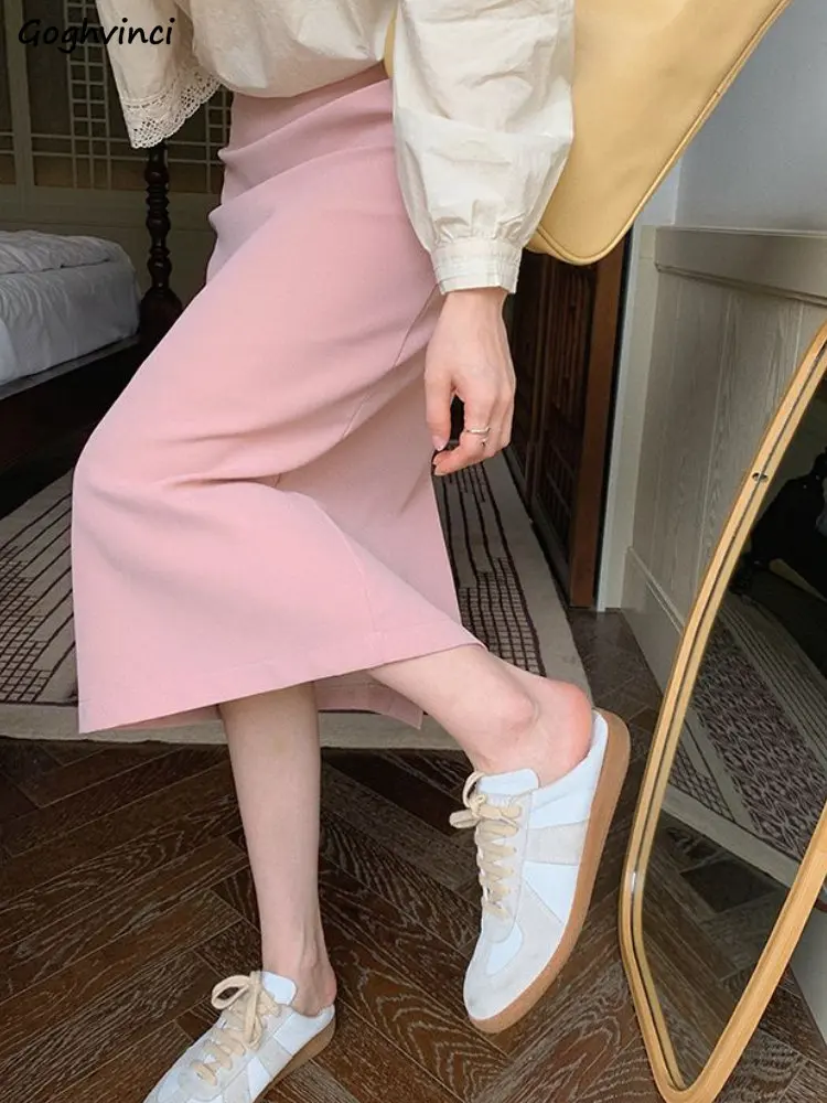 

Office Lady's Skirts Women Elegant Korean Style Chic Back-slit Summer Pure Fashion Casual All-match Mature Vintage High Waist