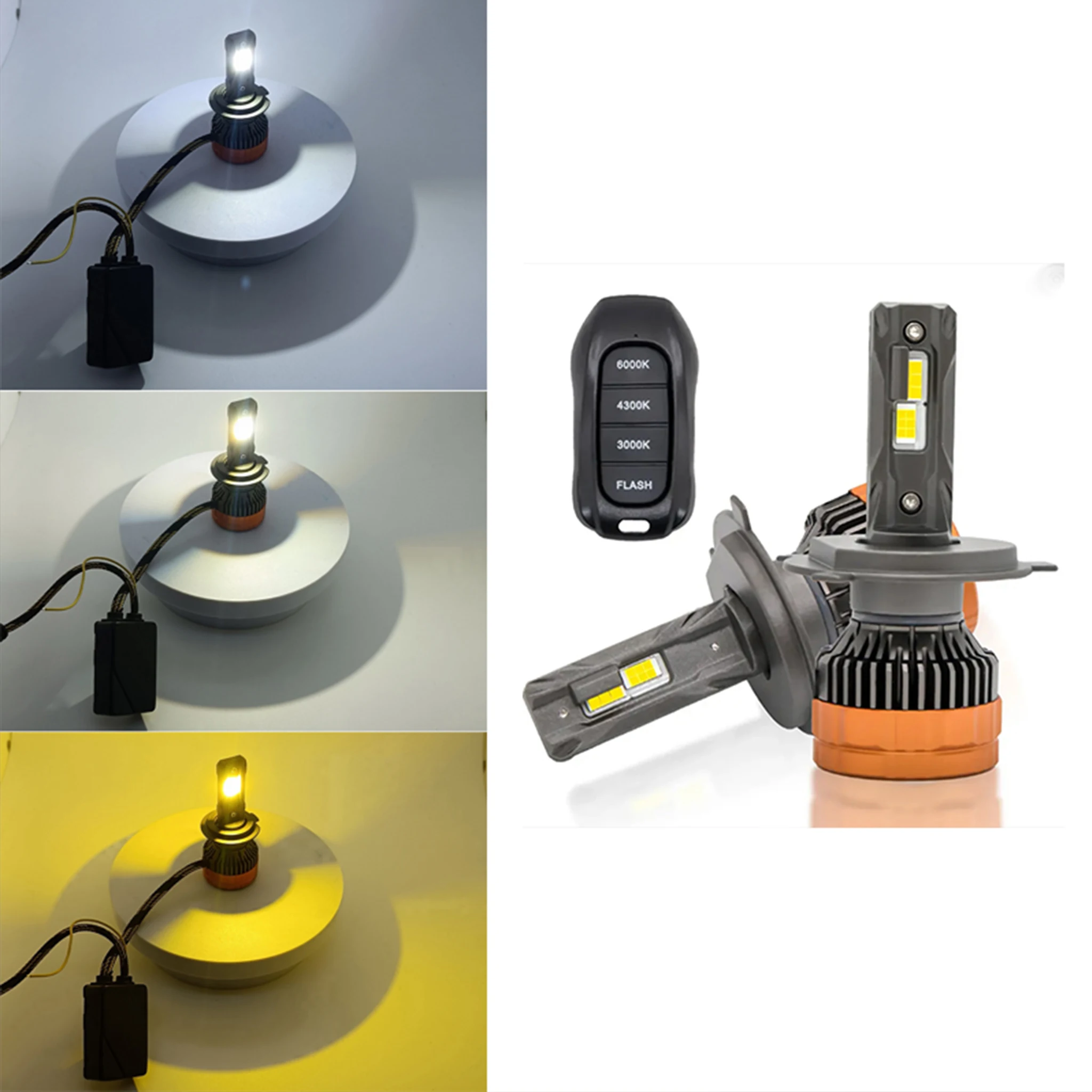 2개 H7 200W 삼색 LED 헤드라이트 led H4 H11 리모컨 점멸 듀얼 프로젝터 렌즈 냉각 팬 자동차 LED 전조등