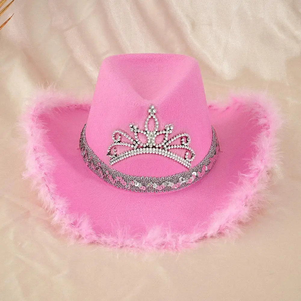 Wide Brim Pink Fur Brim Cowboy Hats Cowgirl Party Carnival Western Hats Stylish Glitter Crown Sequin Feather Caps For Women's
