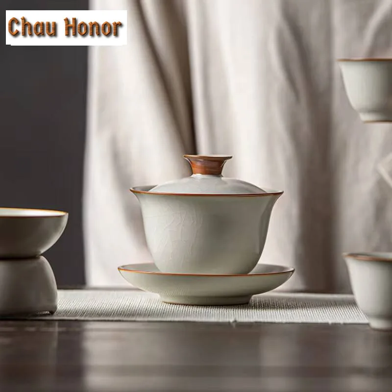 160ml Handmade Ice Cracked Gaiwan Elegant Ru Kiln Porcelain Tea Tureen Tea Brewing Cover Bowl Chinese Teaset Ornament Collection