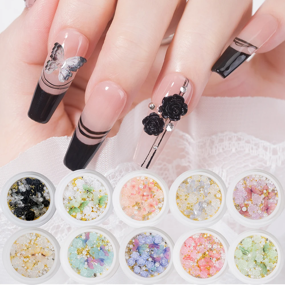 

3D Camellia White/ Pink/Black Acrylic Flower Nail Art Charms Resin Rhinestones Mixed Stone Gems Parts for Nail Decoration