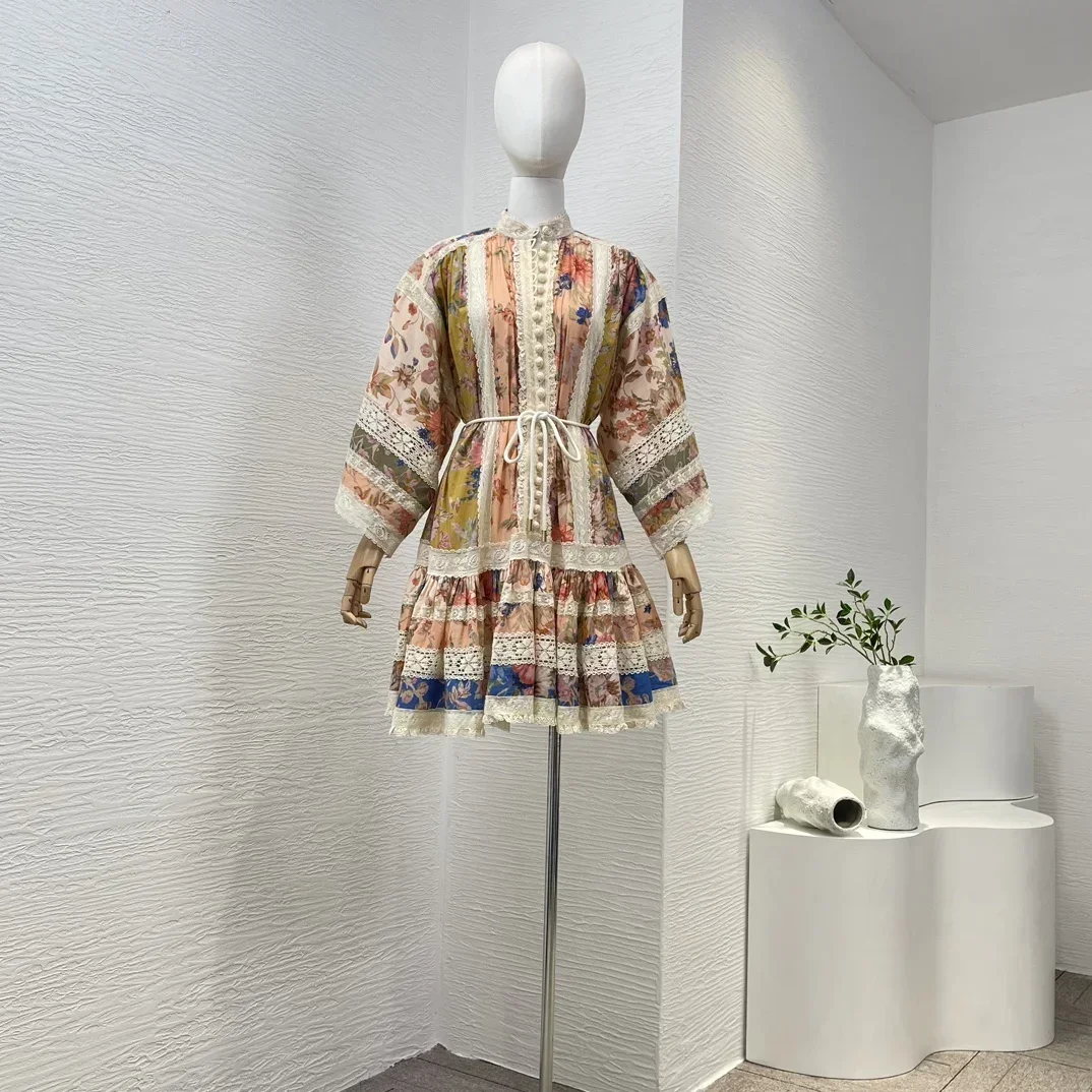 

Женское винтажное мини-платье из чистого хлопка, с поясом и цветочным принтом