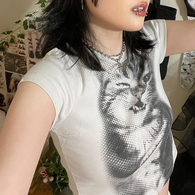 Harajuku Animal Print Crop Top Basic White Short Sleeve Crewneck T-shirt Women Casual Slim-fitting Tees Lady y2k Vintage 5
