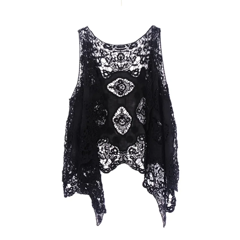 Sleeveless Lace Cardigan Shawl Beach Suit Sun Protection Clothing Women's Hollow Air Conditioning Shirt Summer Thin Coat
