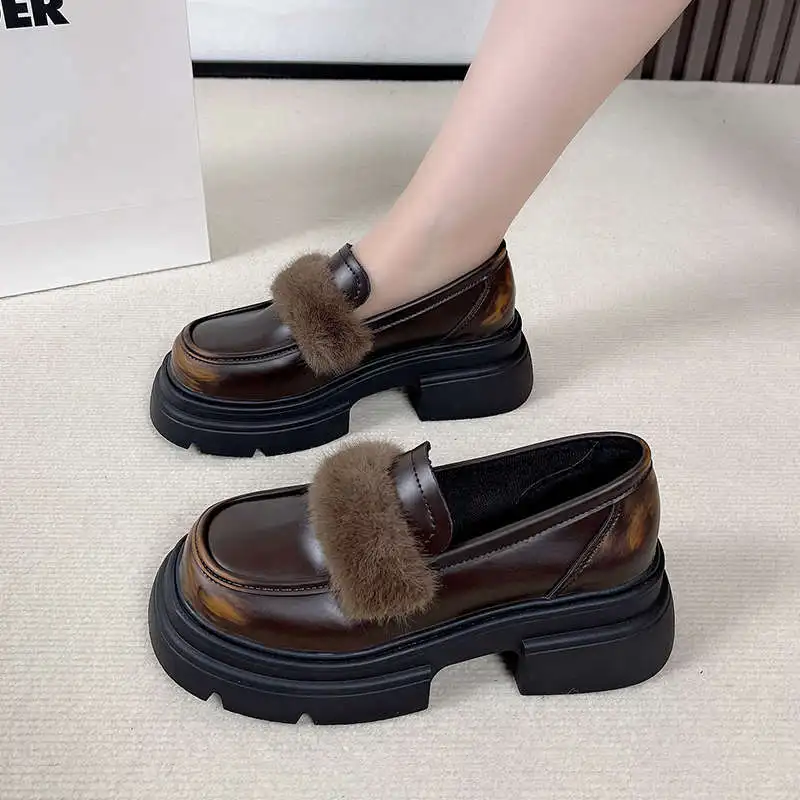 Round Toe Loers Fur Shoes Woman Flats Casual Female Sneakers Slip-on British Style Oxfords Clogs Platform Dress On Heels Slip