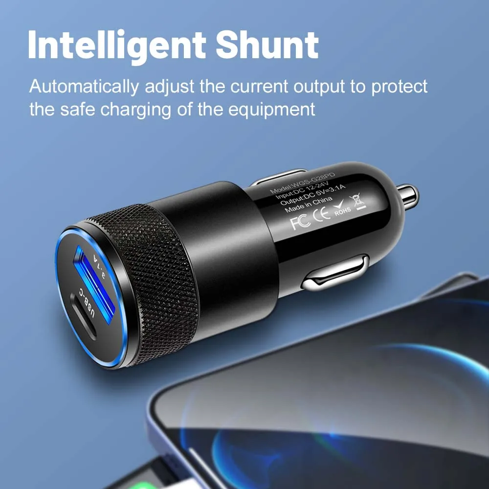 3.1A USB Car Charger Type C Fast Charging Phone Adapter For Xiaomi Huawei PD Phone Charger Car Adapter Socket Cigarette Lighter