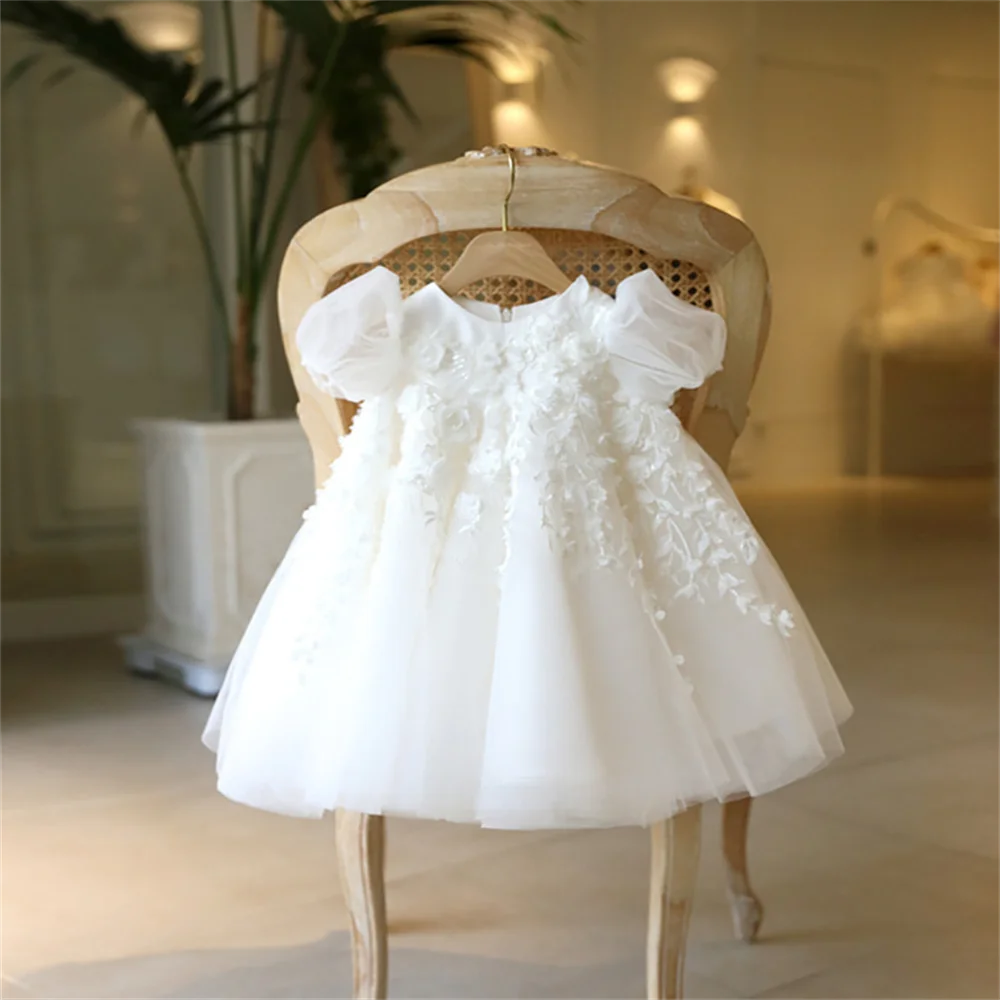 Baptism High Waisted Princess Dress White Baby Birthday Wedding Dress Flower Girl Dress Fluffy Customized Communion Gown