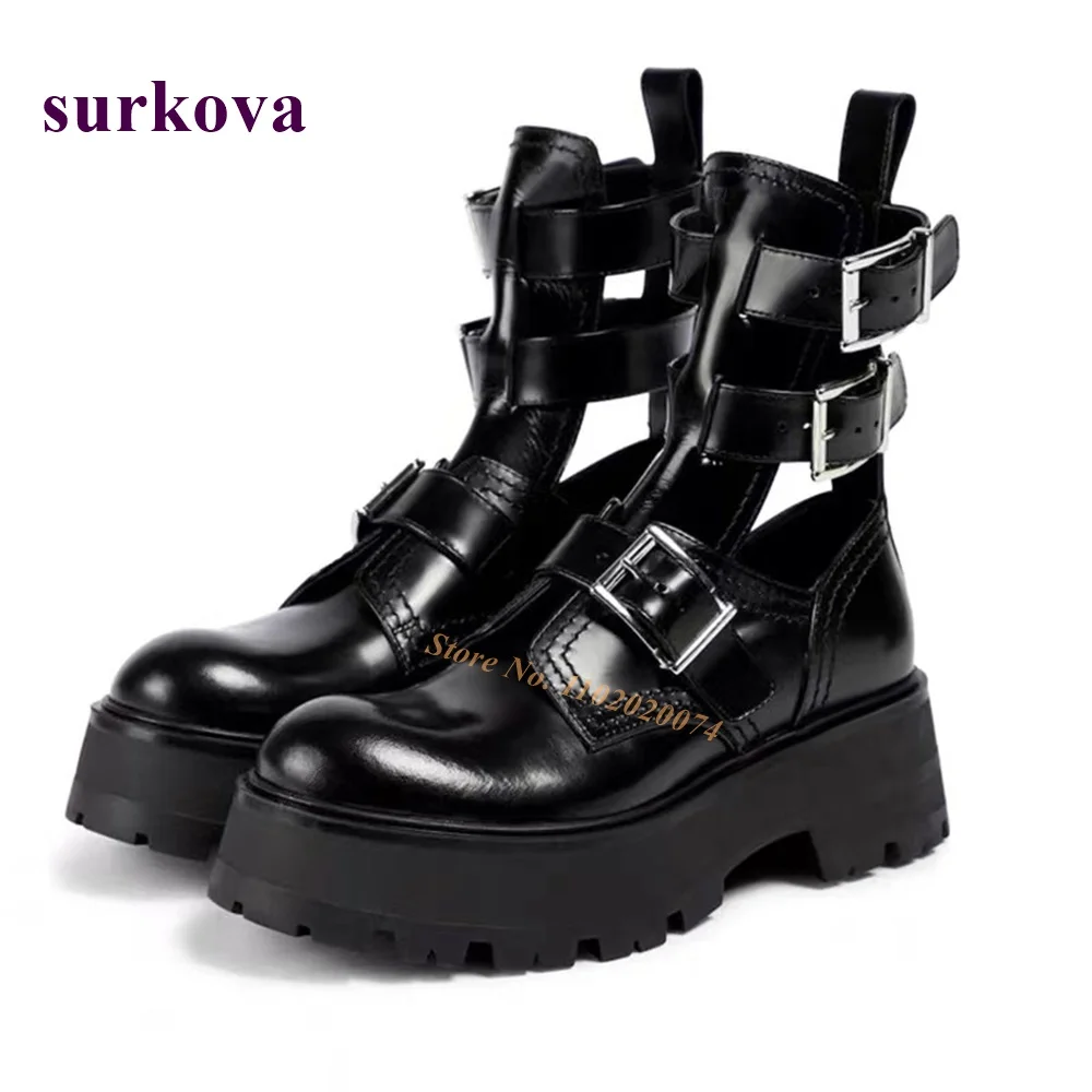 

Belt Buckle Platform Boots Cut Out Height Increasing Patent Leather Ankle Boots Gladiator Round Toe Elegant Casual Shoes