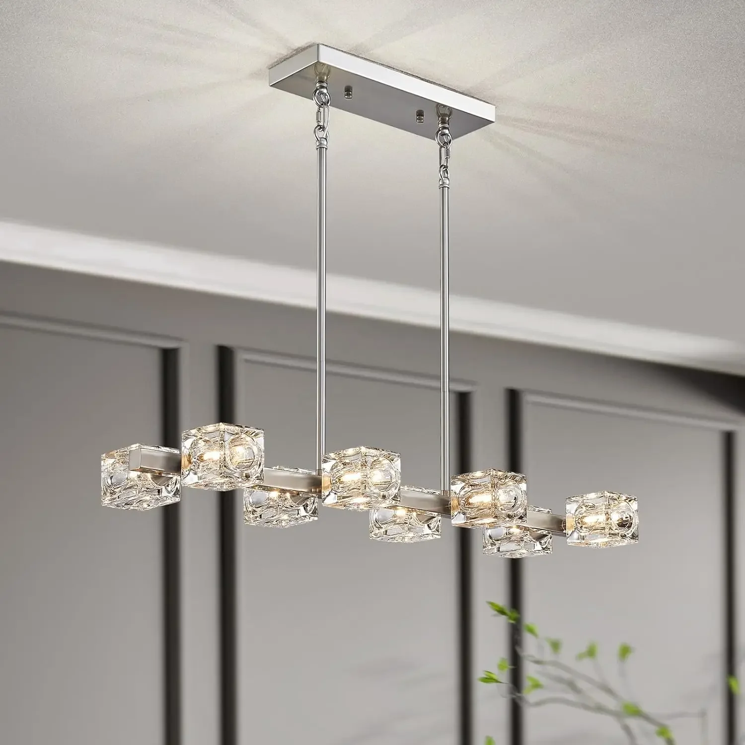 

Rectangular Chandeliers for Dining Room 8-Lights, Brushed Nickel Kitchen Island Light Fixture Modern Chandelier with Glass