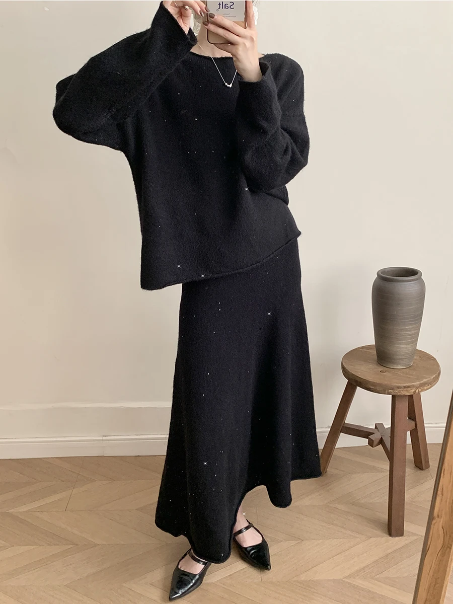 Sexy Soft Elegant Vintage Women Suits 2 Pieces Female Sets Slash Neck Sweater & Midi Dress Bling Knitted TrackSuit