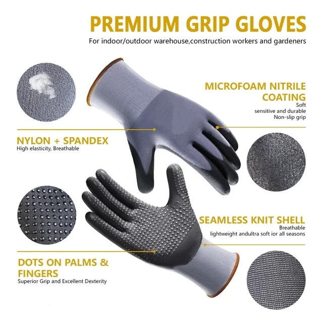 6PCS Work Gloves MicroFoam Nitrile Coated Endurance Seamless Knit Safety Work Gloves with Grip Dots for Gardening Yard Lawn Home 2