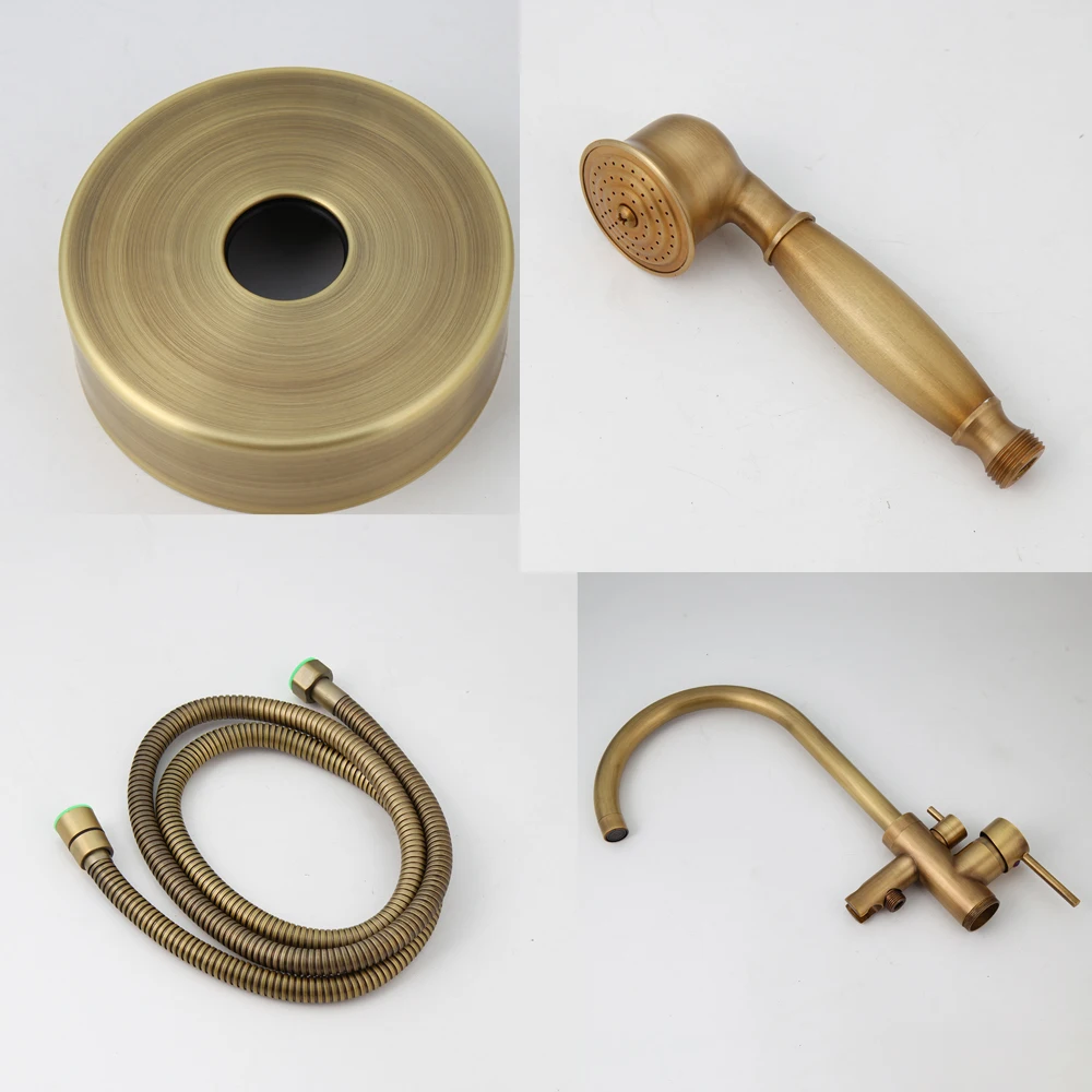 KEMAIDI Antique Brass Bathtub Shower Faucet Set Floor Standing Shower Systerm with 360 Swivel Spout Bathroom Bath Bathtub Mixer 6
