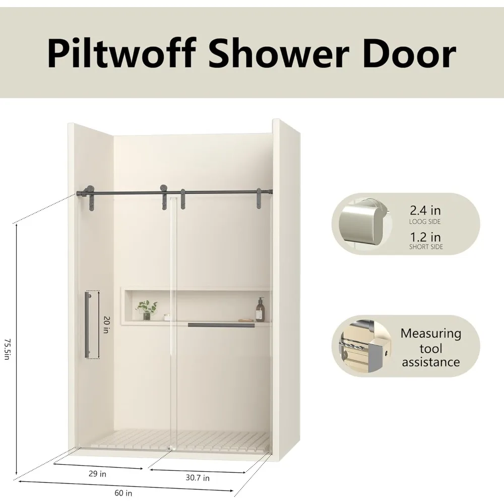 56-60" W x 76" H Frameless Shower Door, with 5/16"(8mm) Clear Tempered Glass & Seal Strip,w/Handle and Stainless Steel Hardware 2