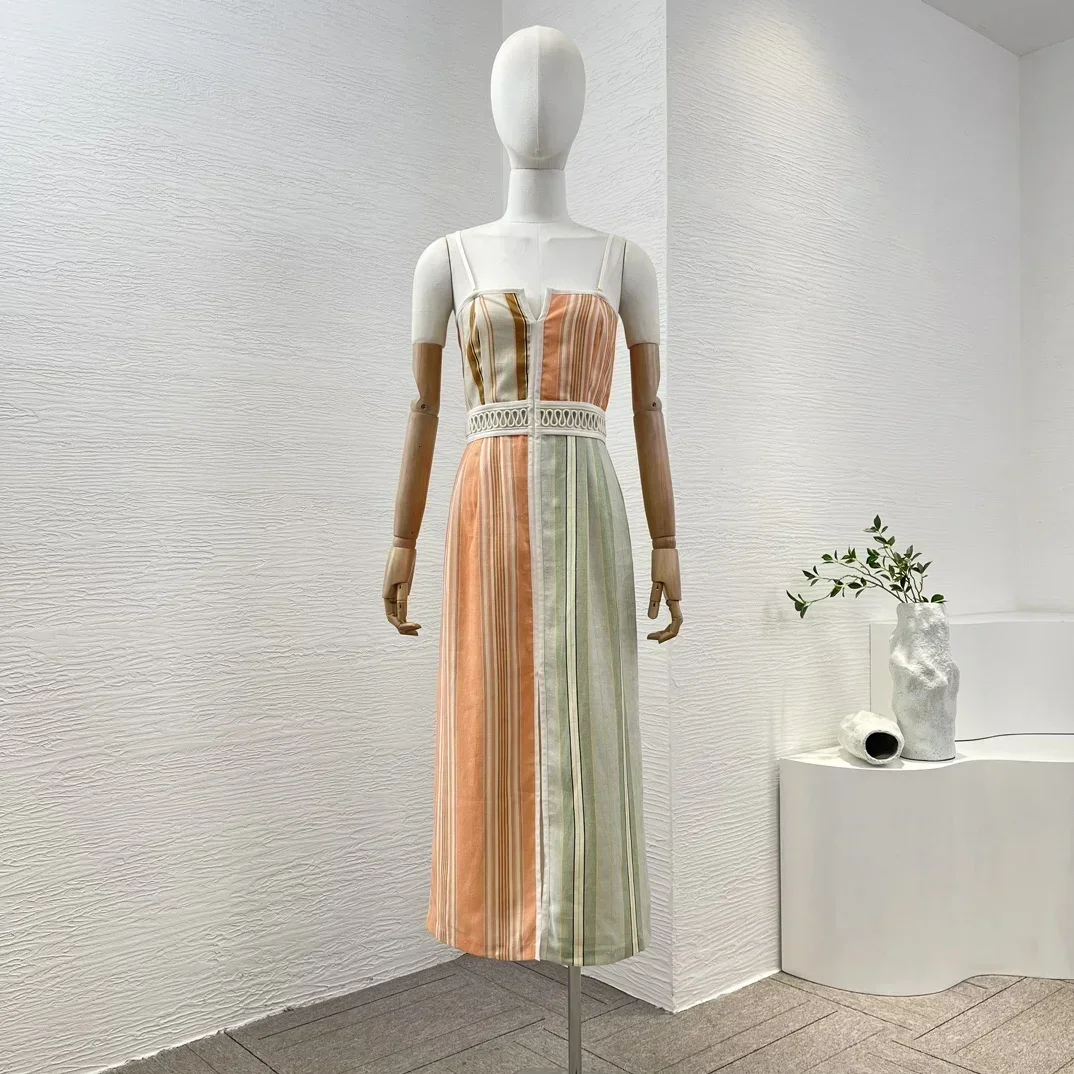 

Женское платье в полоску, оранжевое или зеленое платье миди без рукавов в стиле пэчворк, лето 2024