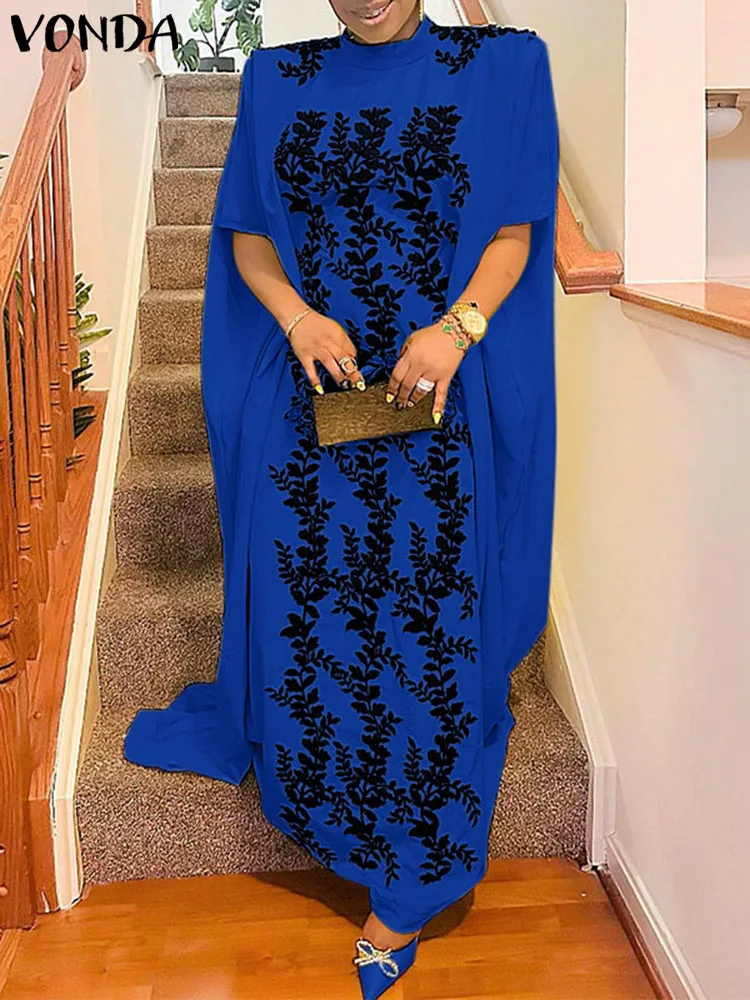 

Plus Size VONDA Women Printed Maxi Dresses Summer Long Robe 2023 Bohemian Stand Collar Vestidos Casual Loose Sundress Baggy