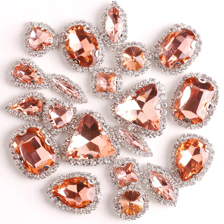 Rhinestone chain Rhinestone trimmings Sew on rhinestones Sewing rhinestones Rhinestone claw Silver Sunflower type claw settings 10 shapes mix glass crystal clear & Jelly AB colors with rhinestone chain sew on trim