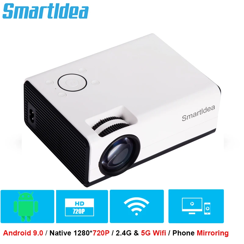 Portable Projector Mini Projector Video Projector SmartIdea T01A HD Mini Projector Native 1280x720P LED Android 9.0 5G WiFi Video Beamer Home Cinema Smart 3D Movie Game Proyector
