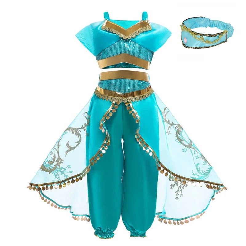 Disney Girls Jasmine Aladdin Princess Dress Magic Lamp Carnival Clothing Vestidos Halloween Birthday Party Cosplay Costume