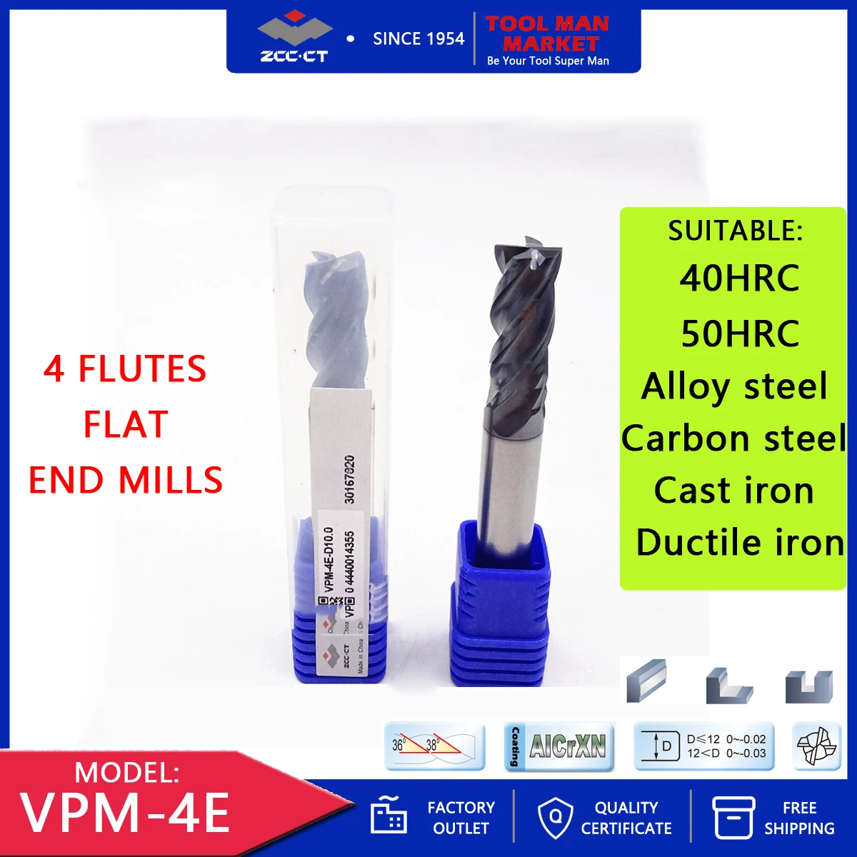 ZCCCT VPM4E 4 FLUTES STRAIGHT SHANK FLAT COATED STEEL MILLING CUTTER