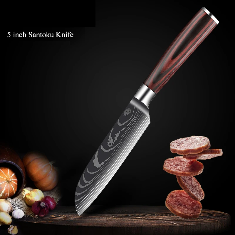 Chef Knife Set 7CR17MOV Stainless Steel Laser Damascus Pattern Japanese Kitchen Cleaver Utility Slicing Santoku Knife with Cover 