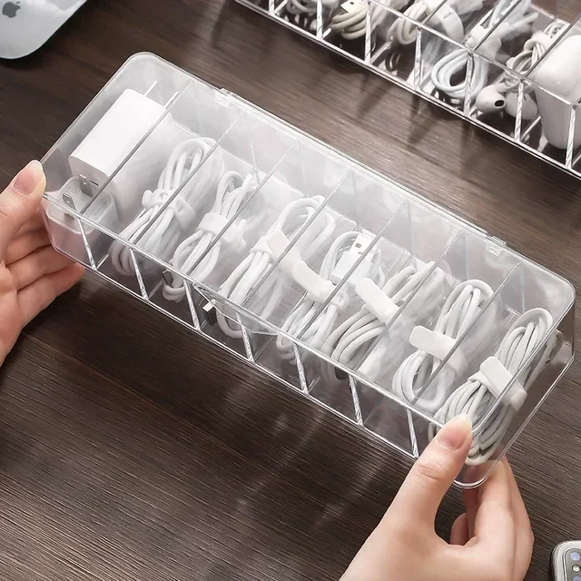 Boîte de rangement de câbles de données en plastique transparent, câble domestique, chargeur de téléphone portable, boîte de finition de câbles de chargement, boîte à grille divisée 3