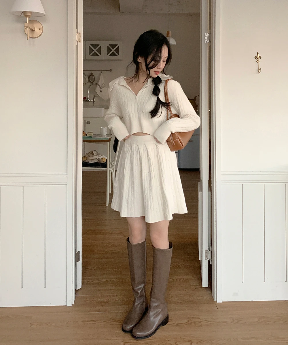 Korean Fashion Two-piece Set Women Pullover Turn-down Collar Crop Top Mini Skirt Solid Casual Suit Autumn New Knitwear Outfits