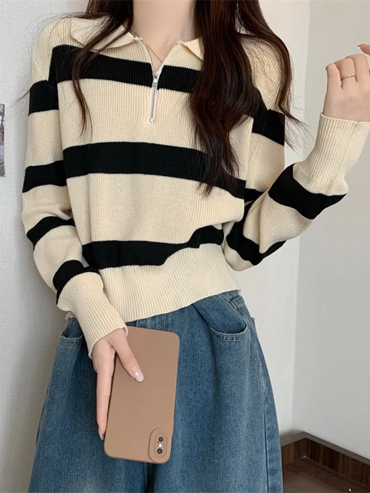 

harajuku Striped patchwork casual Loose women Knit Sweater korean zipper All-match Sweaters Bottoming Shirt Women's Top Pullover