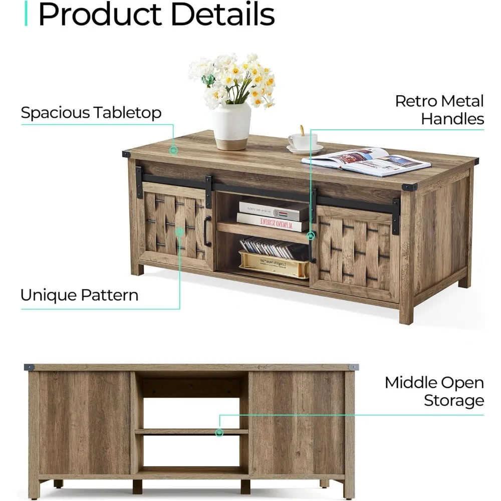 47" Coffee Table Storage Sliding Barn Doors Farmhouse Industrial Cocktail Table Adjustable Shelves Rect