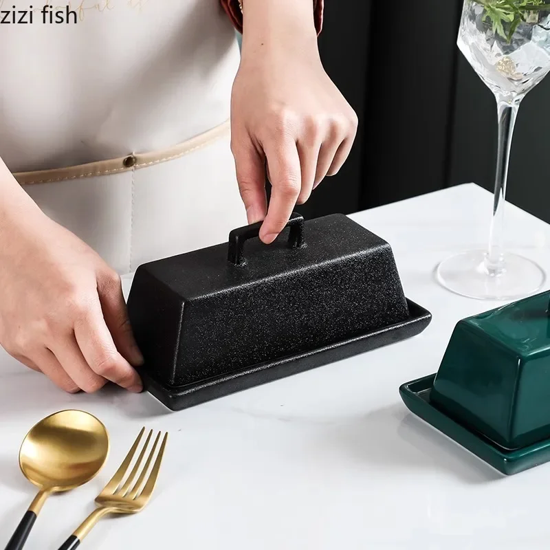 Solid Color Ceramic Butter Dish With Lid Creative Cheese Plate Butter Plate Dessert Dim Sum Household Tableware