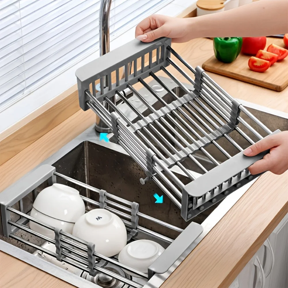 1pc Adjustable Dish Drainer Stainless Steel Sink Drain Rack Fruit