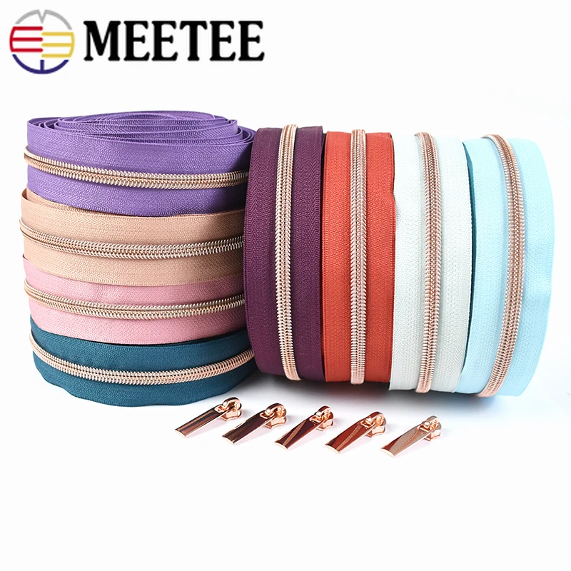 

2/5Meters 5# Decorative Nylon Zippers Tape RoseGold Continuous Zipper with Puller Slider Bag Clothes Sewing Closures Accessories