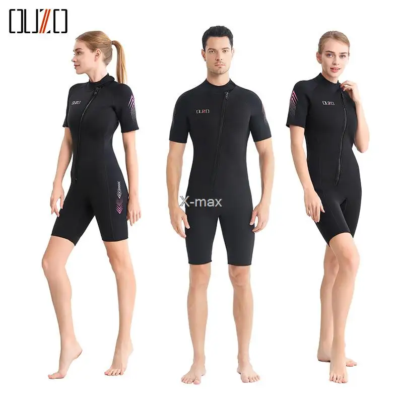 3MM Neoprene Women Men's Short-Sleeved One-piece Wetsuit Warm Sunscreen Surfing Deep Scuba Diving Swimsuit Open Zipper Front