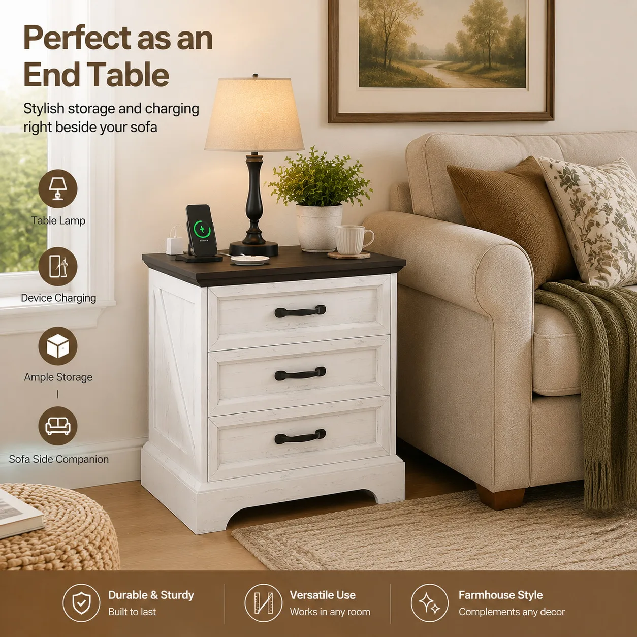 Farmhouse Nightstand with Charging Station 3 Drawer White Bedside Table with 2 AC Outlets and 2 USB Ports Storage Cabinet End Table for Bedroom Living Room Small Space 4 Farmhouse Nightstand with Charging Station 3 Drawer White Bedside Table with 2 AC Outlets and 2 USB Ports Storage Cabinet End Table for Bedroom Living Room Small Space 4