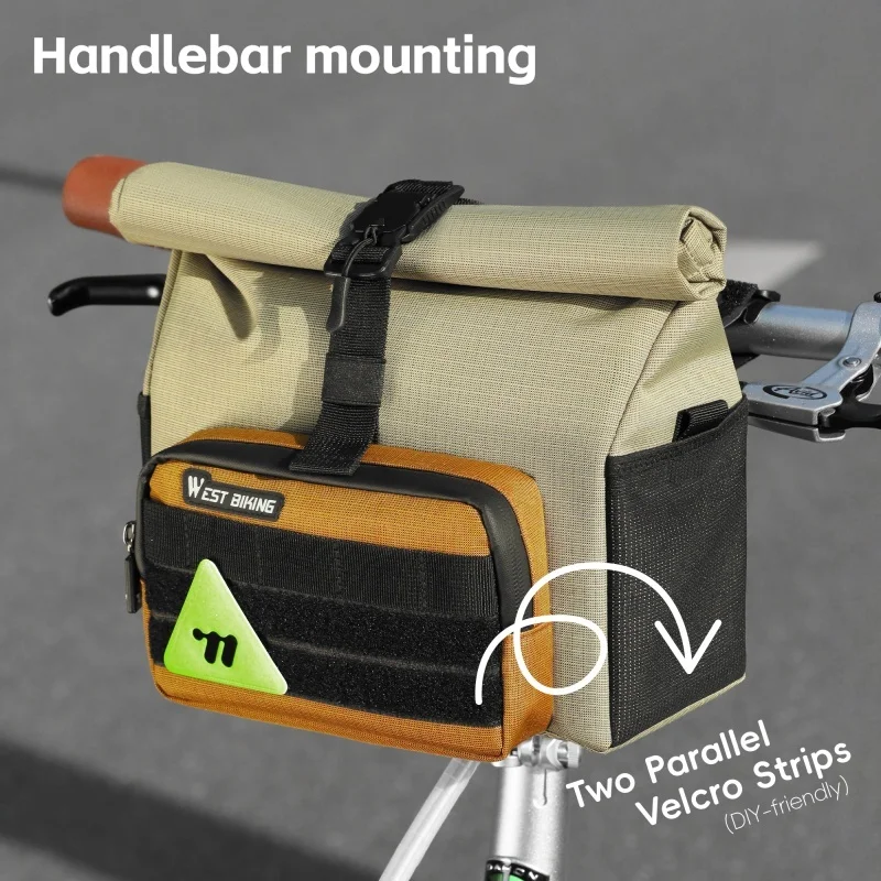 WEST BIKING 자전거 핸들바 가방 3.3L 브롬톤 접이식 자전거용 퀵 릴리스 MOLLE 시스템이 포함된 프론트 튜브 바스켓 가방 Urban Cyclin
