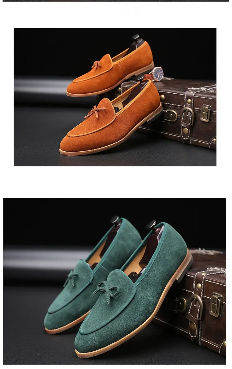 Men's Casual Shoes Suede Genuine Leather Men Trendy Bowknot Party Wedding Loafers Moccasins Mens Driving Flats