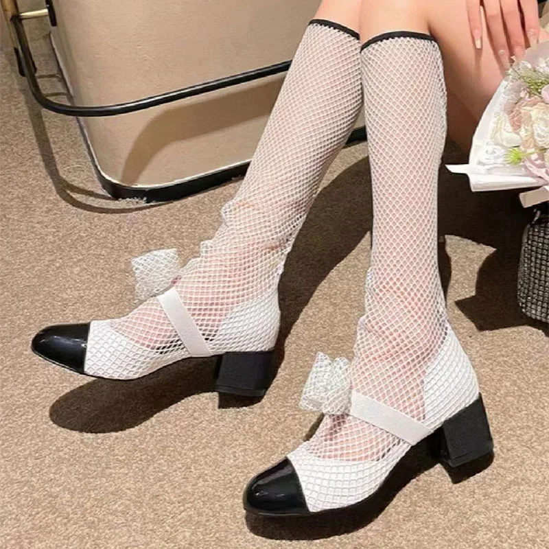 

New Summer Women's Thick Heel Hollow Mesh Butterfly Decoration Long Boots Pointed Mixed Color Sexy Sandals Short Boots 2023