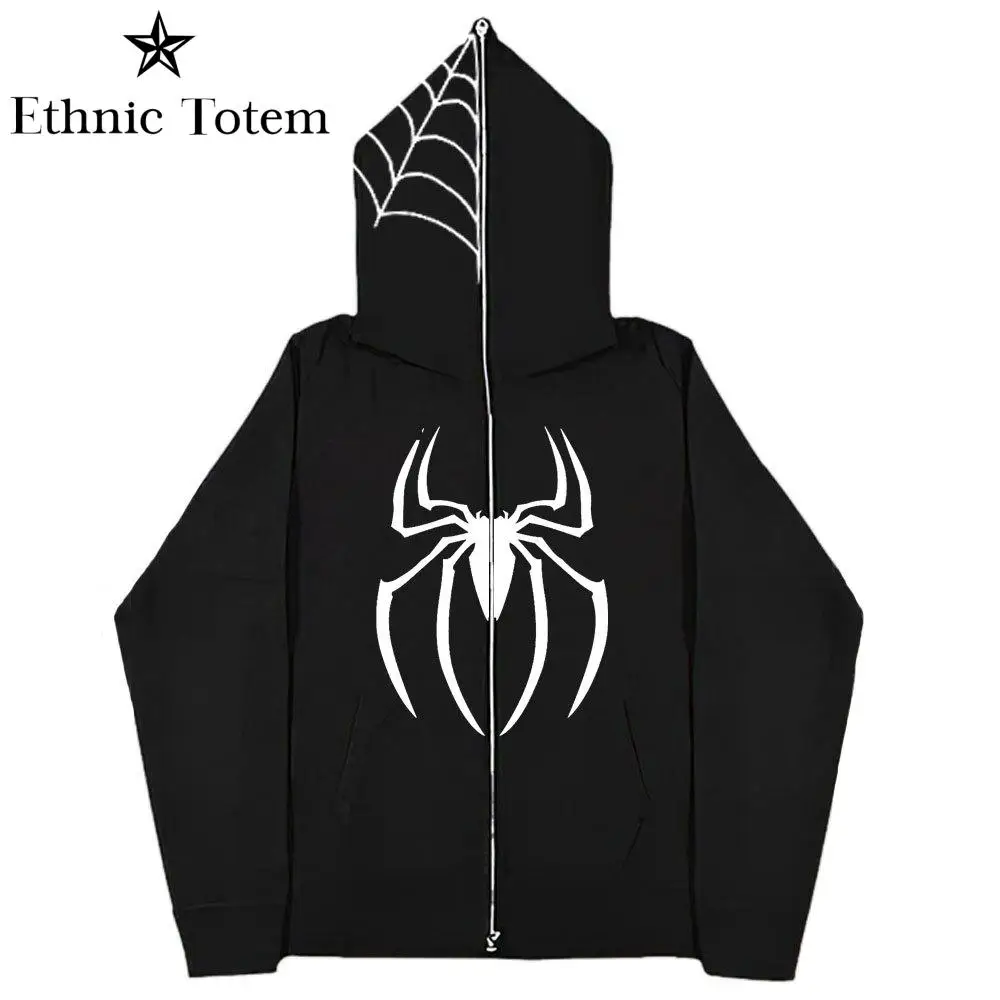 Y2K Zip Up Hoodie Men Skull Zipper Vintage Y2K Coat Oversized Hoodies Harajuku Streetwear Demon Sweatshirts Spider Men Women