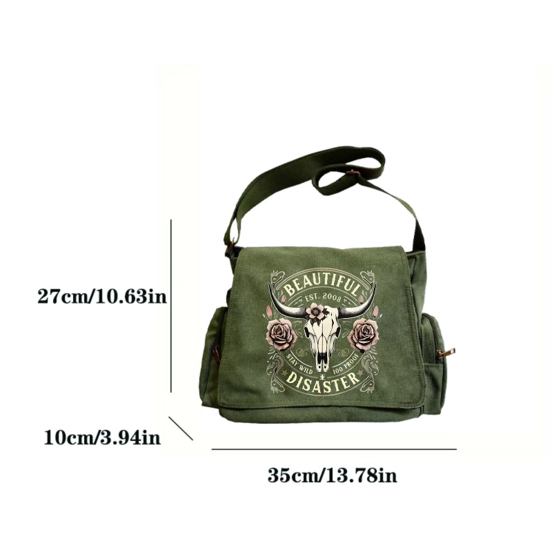 Retro Women's Messenger Bag Canvas Skull Print Large Capacity Shoulder Bag for Daily Use Crossbody Bag For Women