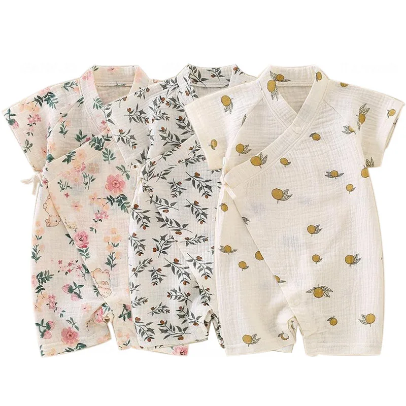 Baby Rompers Cotton Jumpsuit Baby Jumpsuit Newborn Baby Thin Gauze Jumpsuit Breathable Soft Children Short Sleeve Crawling Suit Cute Boys Girls Infant Bodysuit Kid Rompers