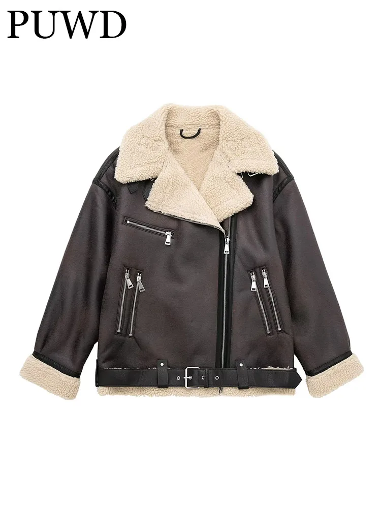 

PUWD Women Warm Faux Fur Shearling Jacket Loose Leather Coat Retro Long Sleeve Belt Hem 2022 Fall Winter Female Thick Outerwear