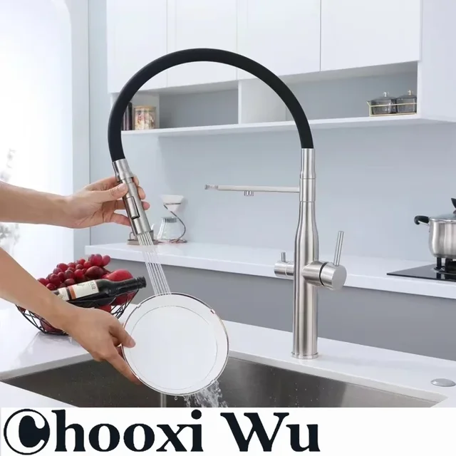 CHOOXIWU - กรองน้ําก๊อกน้ําห้องครัวสีดําดึงลงยืดหยุ่น Sprayer ทองเหลือง 360 หมุน Purification Pure Water Mixer Tap 3 Way ก๊อกน้ํา 3