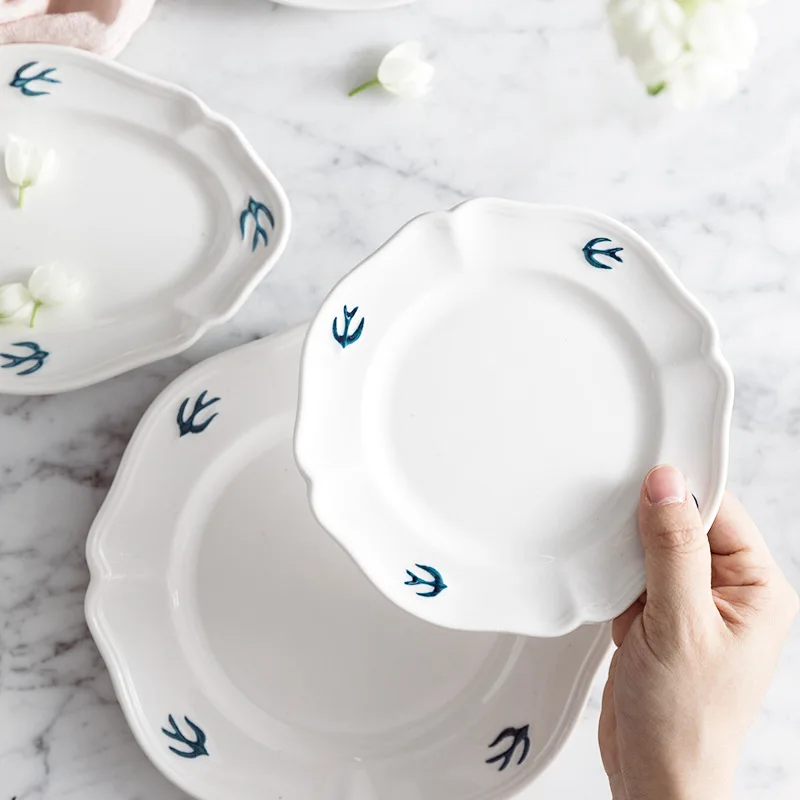 

Relief Swallow Plate Simple Small Fresh Dessert Bird Dim Sum Original Beige Household Flat Serving Platter