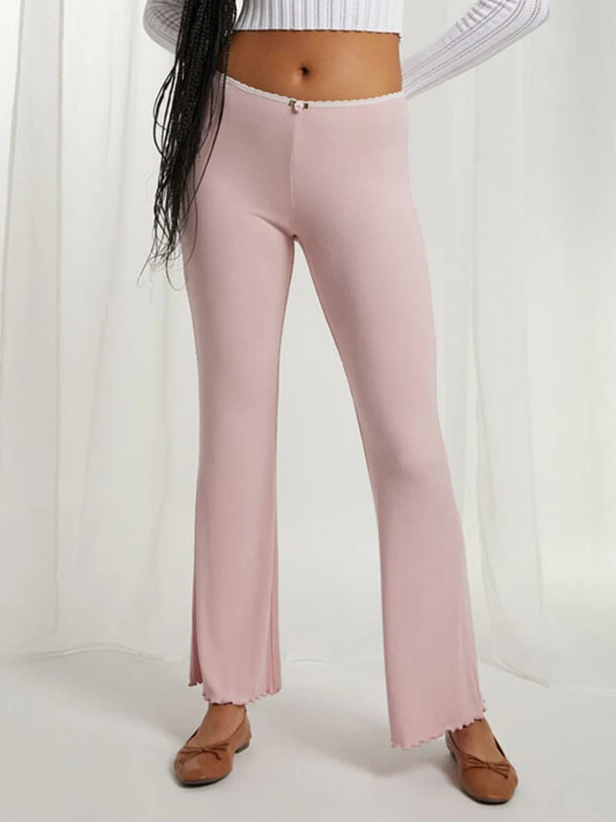 

Women’s Casual Flare Pants Mid Waist Solid Color Flare Pants Lettuce Trim Bell-Bottoms Trousers for Ladies Y2K Fairy Spring Fall